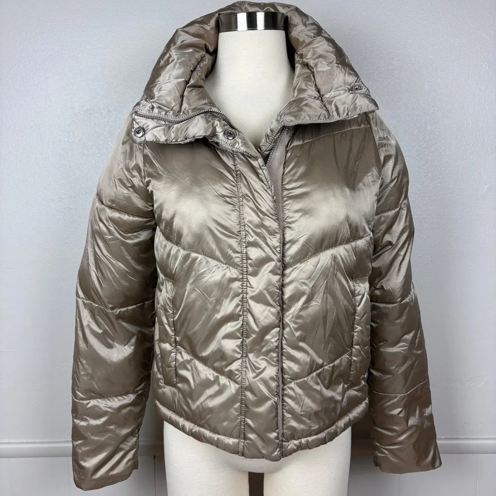 Abercrombie & Fitch The A&F Mini Puffer Jacket Size S Cool Bronze Zip Snap Front
